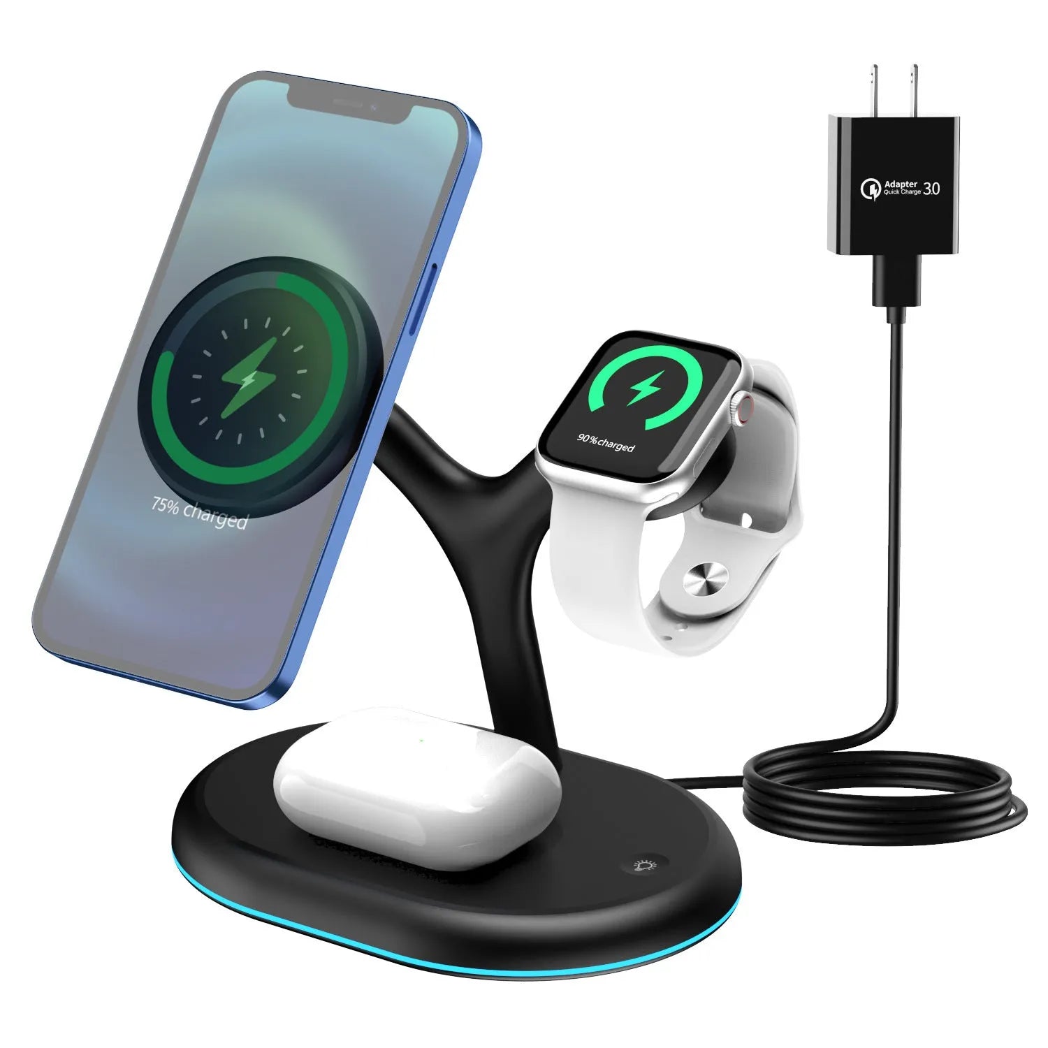 Black round wireless charging station with iPhone attached magnetically, Apple Watch on puck, and AirPods case on Qi spot.