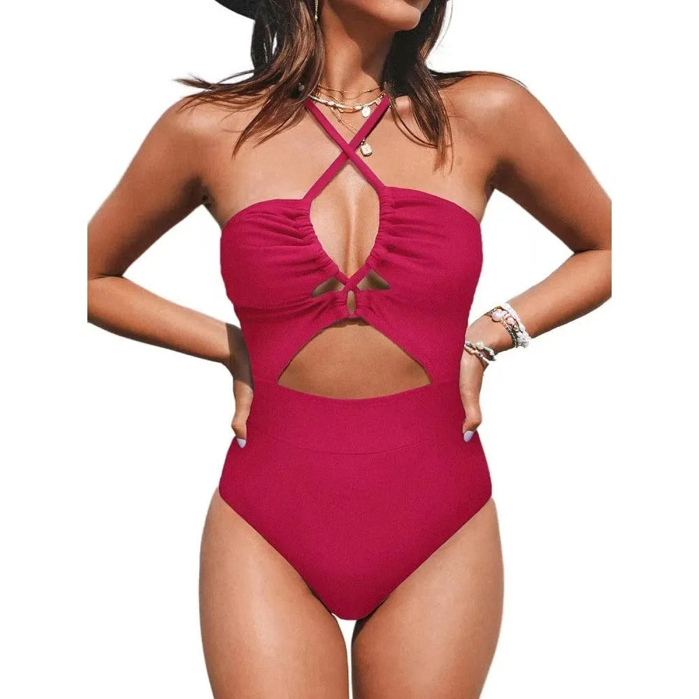 Women's backless one-piece swimsuit in solid colour with waterproof polyester fabric