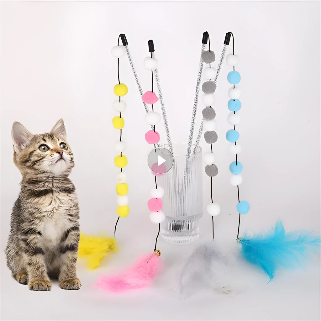 31cm long cat teaser stick with acrylic pompon and feather attachments in contrasting colours