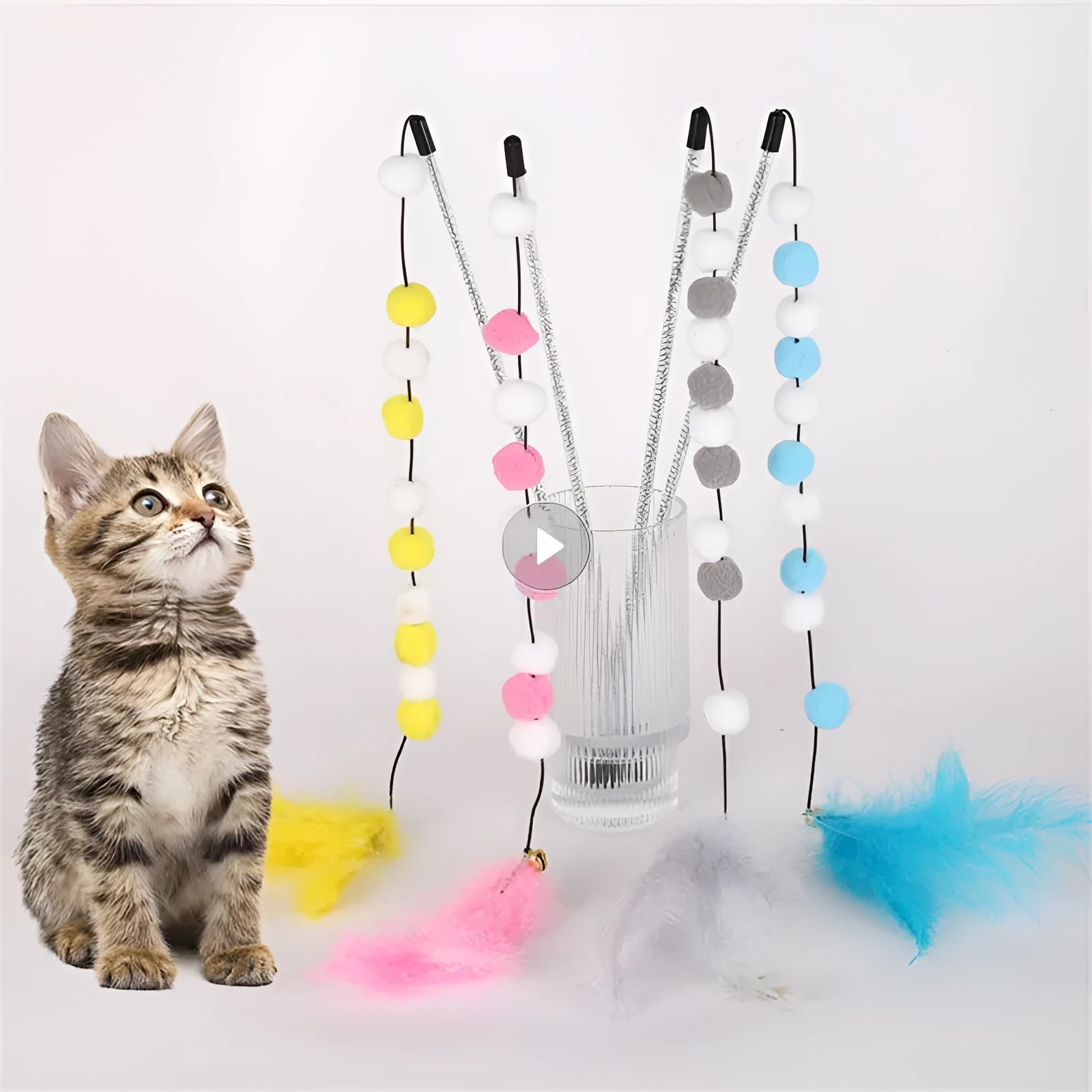 31cm long cat teaser stick with acrylic pompon and feather attachments in contrasting colours