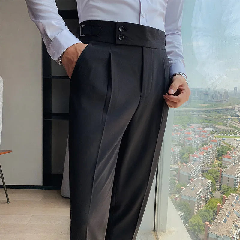 Straight-leg casual polyester trousers on a hanger, shown in a solid colour.