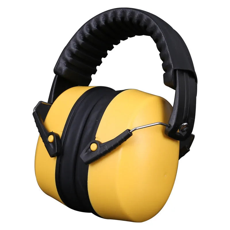 Orange adjustable noise-cancelling earmuffs with breathable fabric ear cushions on a grey background.