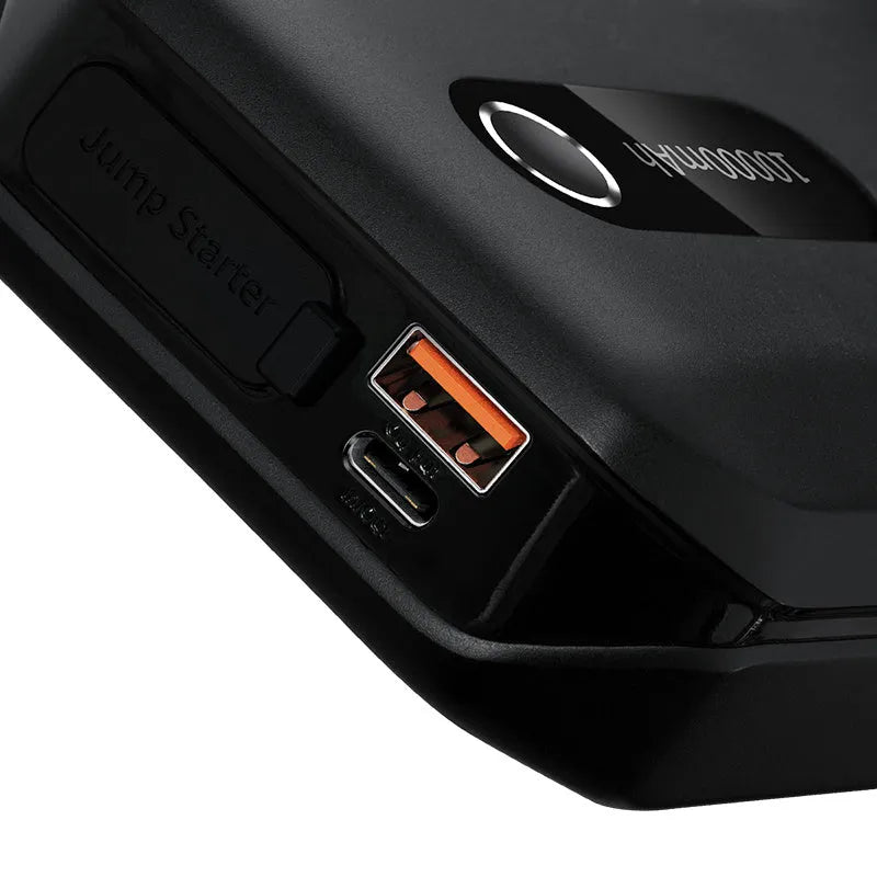 Vehicle mounted emergency lighter jump starter in black with 10000mAh battery and USB Type-C ports