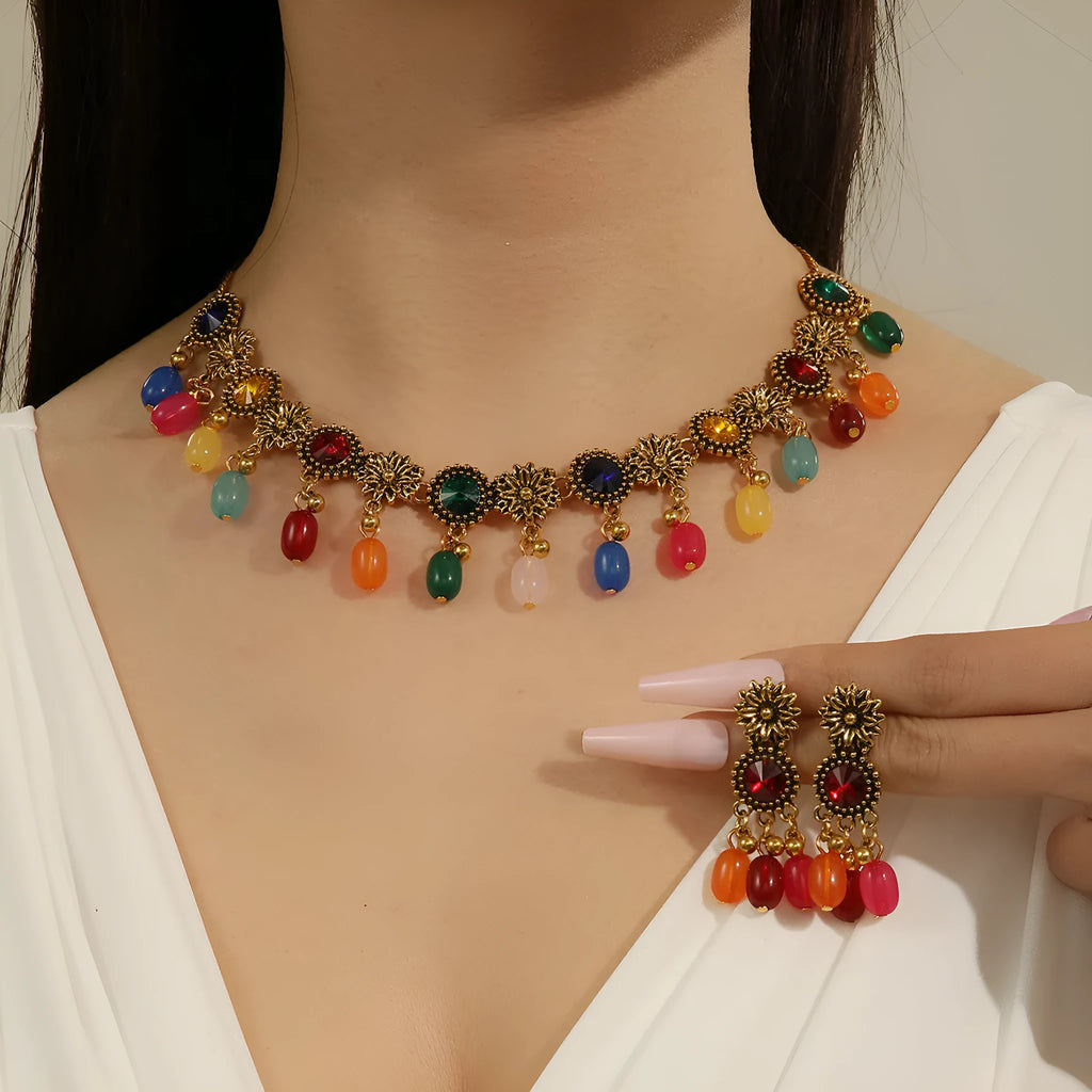 Bohemian jewellery set with ancient gold zinc alloy O-ring chain necklace and matching round earrings