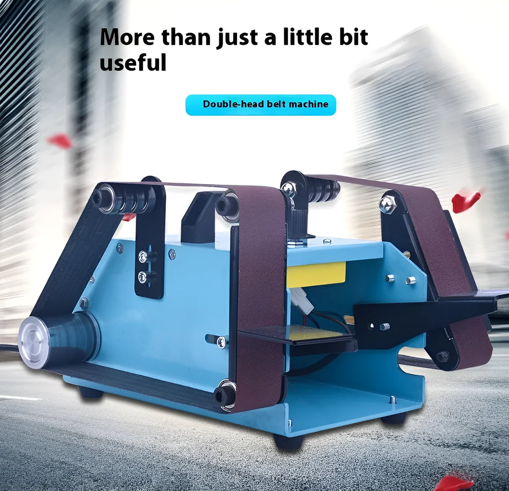 Blue desktop dual-axis belt sander with variable speed switch, shown with a 40mm abrasive belt fitted.