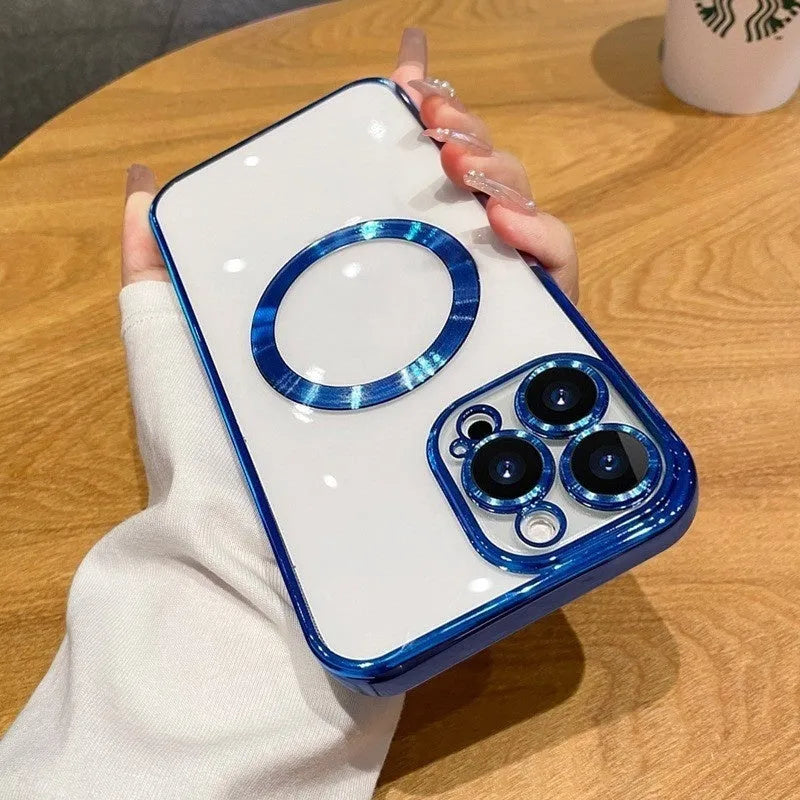 Electroplated TPU phone case with MagSafe magnetic suction for iPhone 11-14 models, shown in Desert Gold.