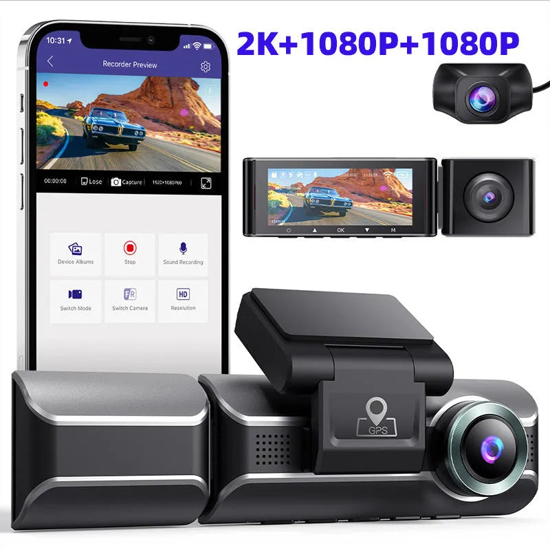 2K driving recorder with 3-inch screen, front and rear cameras, car charger and mounting bracket