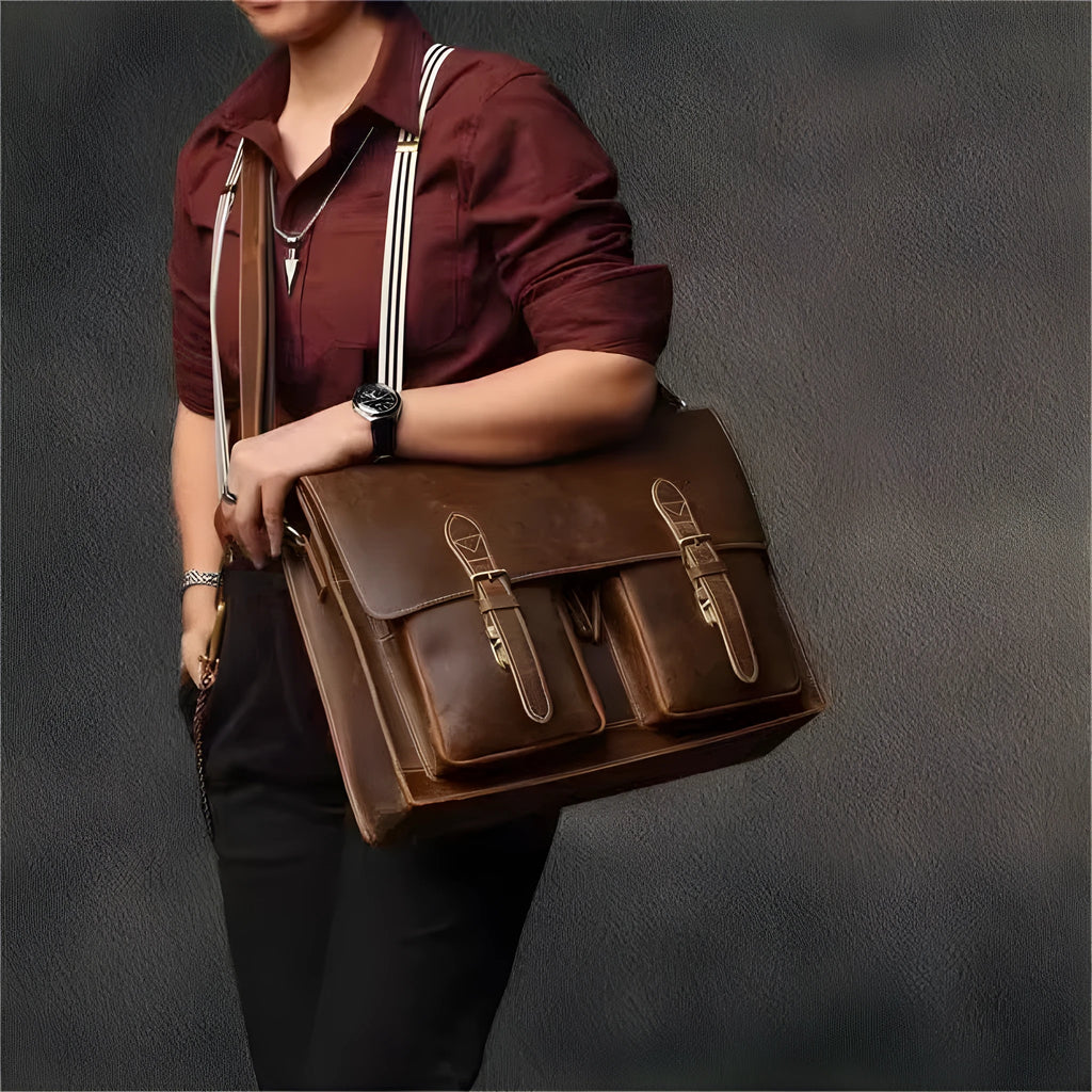 Brown cowhide leather crossbody computer bag with anti-theft features for business use