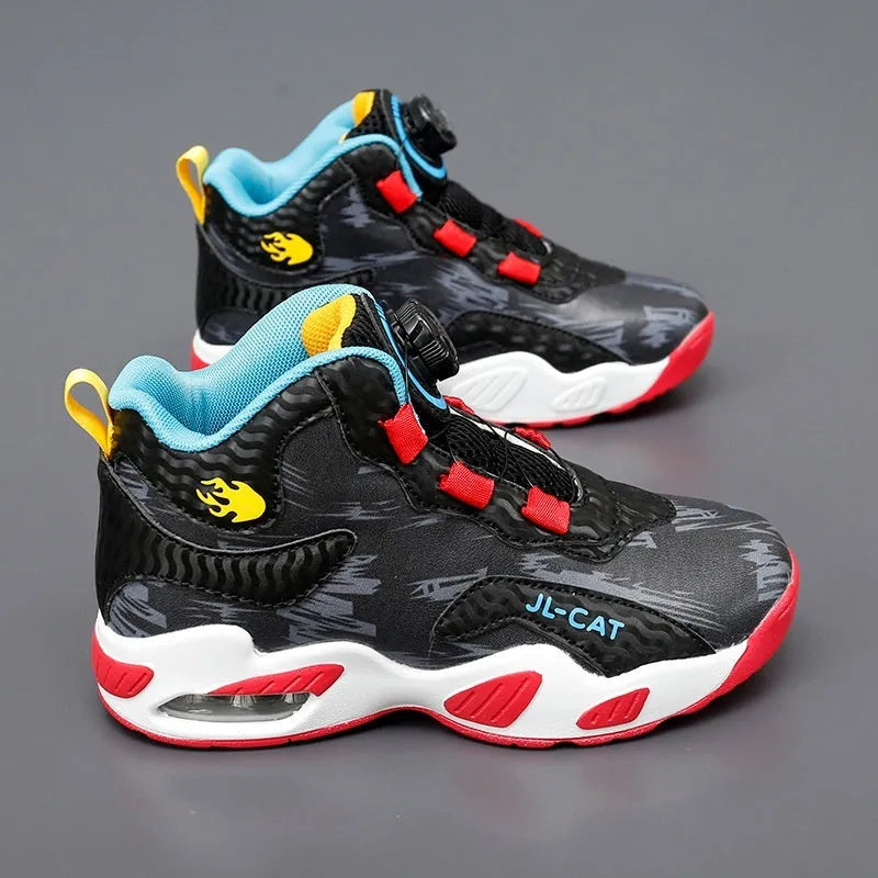 Children's rotating button basketball shoes in synthetic leather with waterproof feature