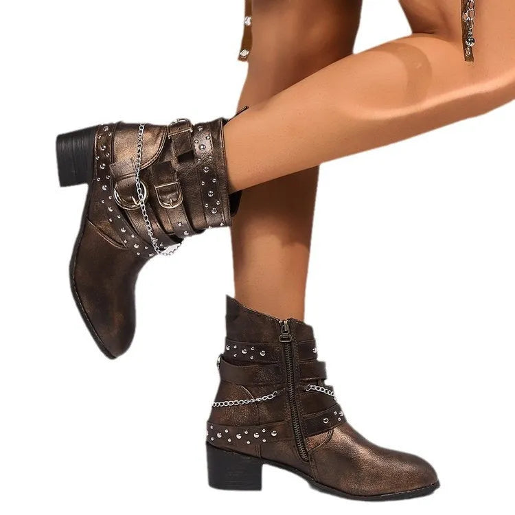 Women's boots with square heel, metal stud detail, artificial PU upper, slip-on style, solid colour, round toe, autumn winter footwear