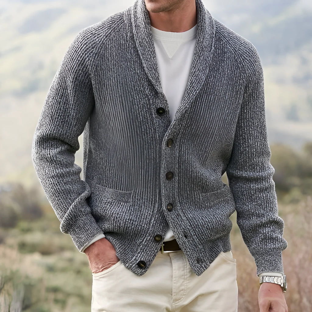 Men's grey mixed colour panel slim fit polyester button cardigan on a plain background