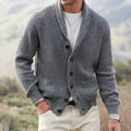 Men's grey mixed colour panel slim fit polyester button cardigan on a plain background