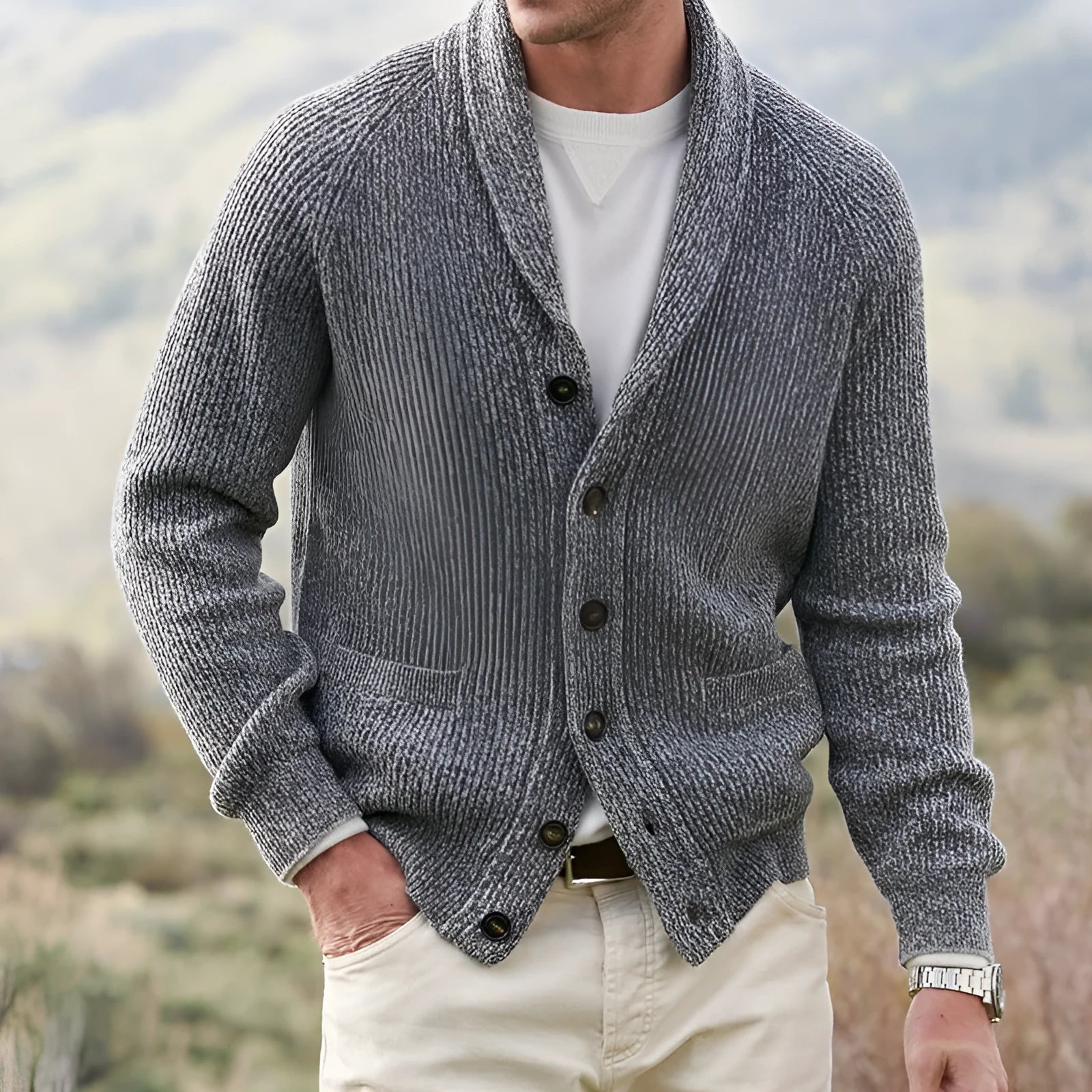 Men's grey mixed colour panel slim fit polyester button cardigan on a plain background