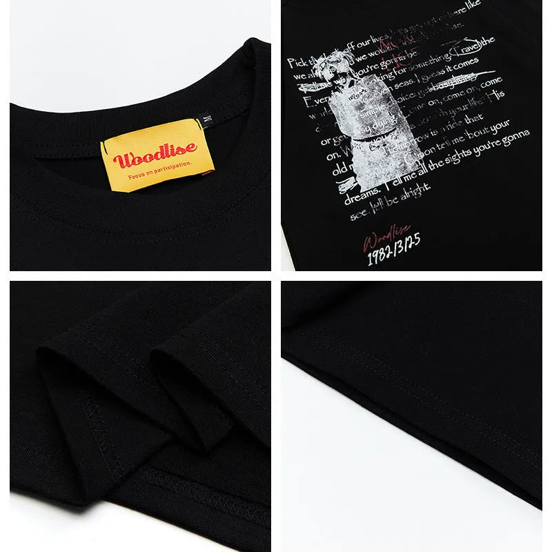 Men's black loose cotton t-shirt with white printed letters and raglan sleeves
