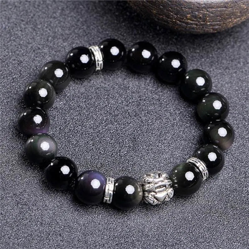 Natural obsidian bracelet with lucky colour eye patterns and 999 silver fastenings in 10MM and 12MM sizing options