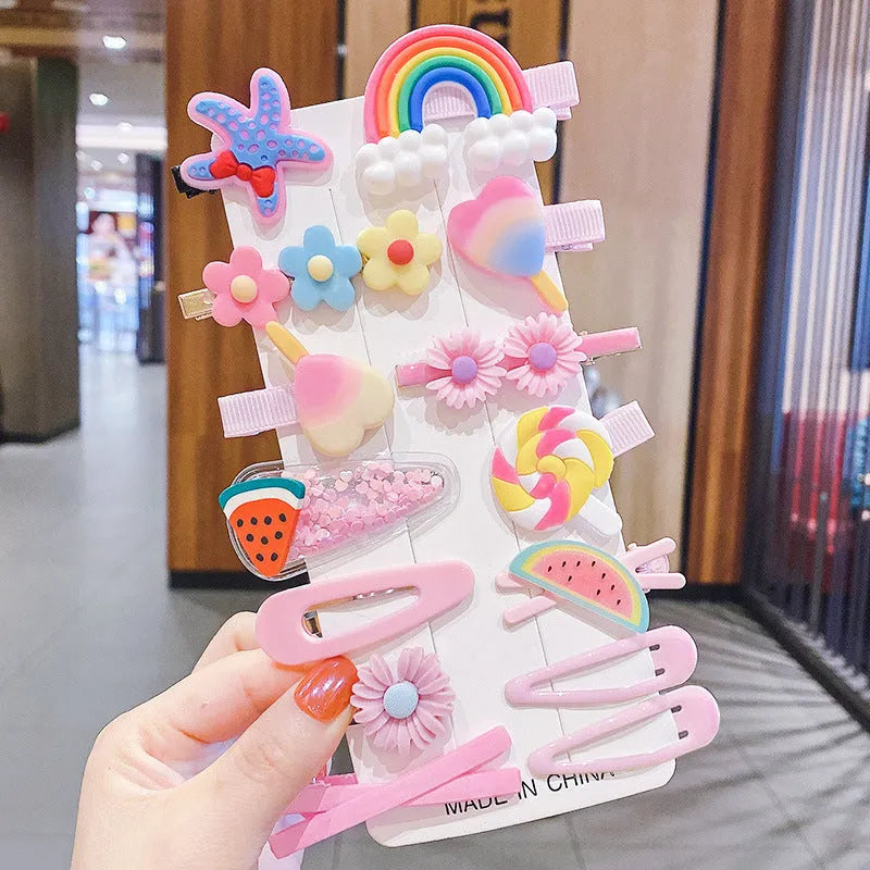 14-piece toddler hair clips set with rainbow barrettes, candy fruit, butterfly, and ice cream patterns on white background