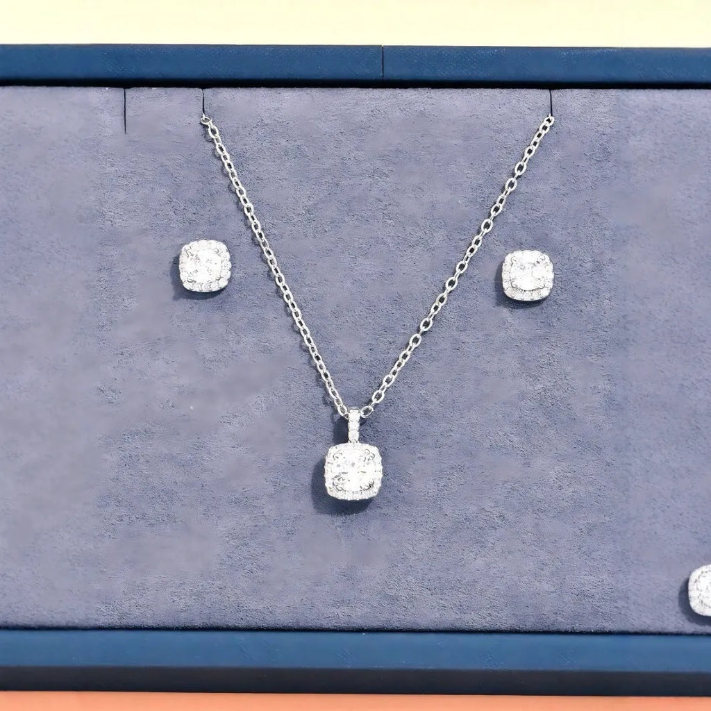 Female minimalist square diamond necklace and earring set in gold and silver colour options