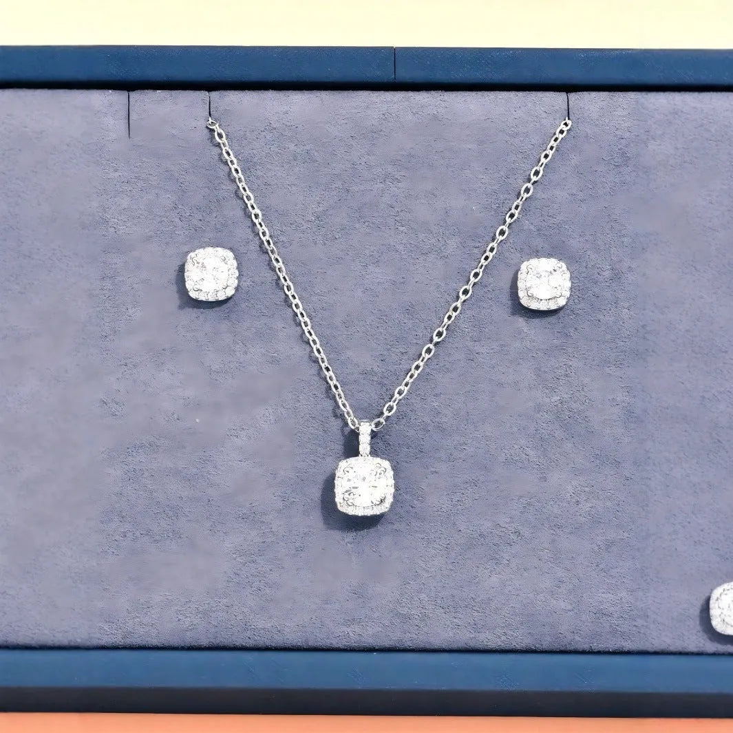 Female minimalist square diamond necklace and earring set in gold and silver colour options