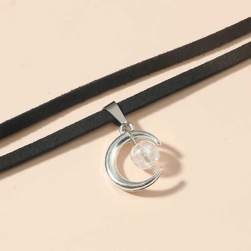 Korean style double-layer moon pendant necklace with acrylic beads and velvet chain for women