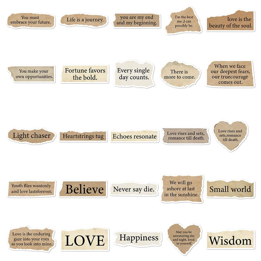 Pack of 25 Tear English design TT284 waterproof PVC adhesive stickers in matte and glossy finish.