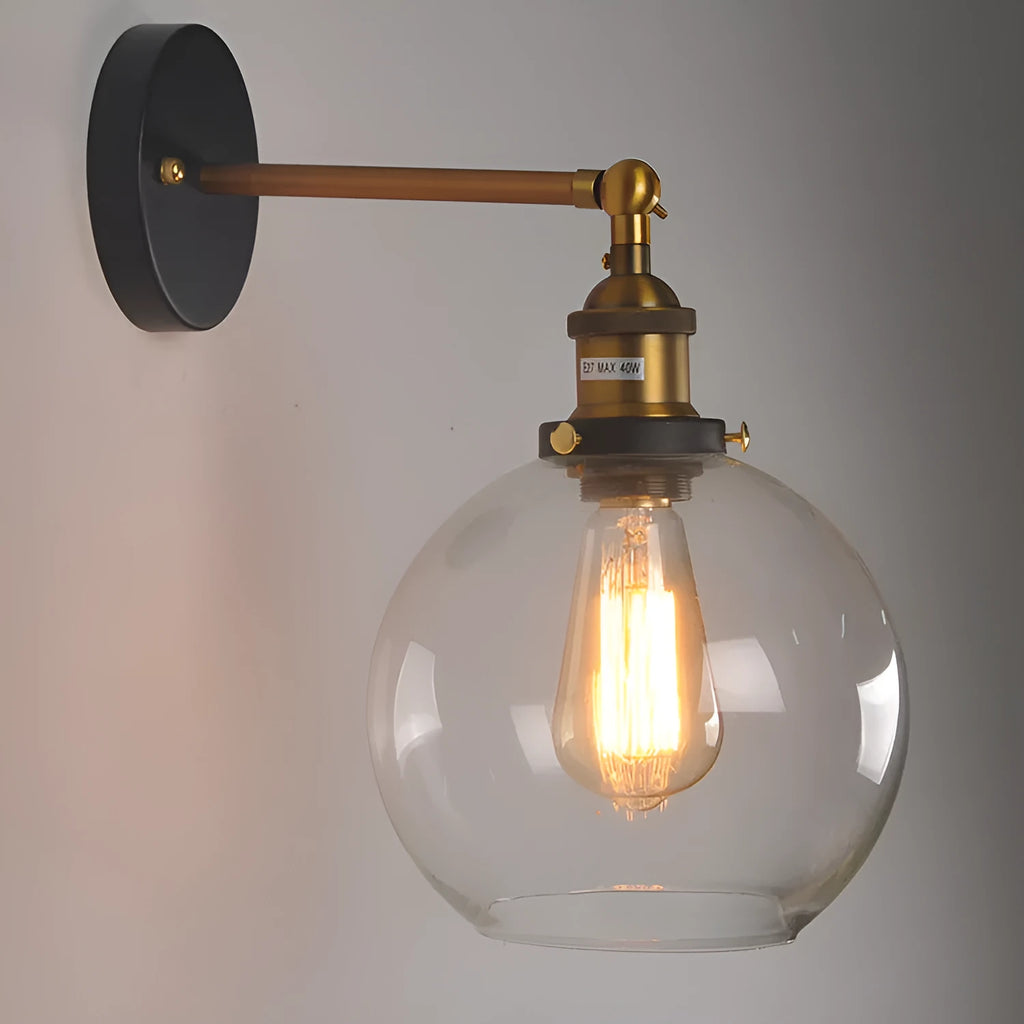 20cm round retro glass wall lamp with an aluminium holder in amber finish