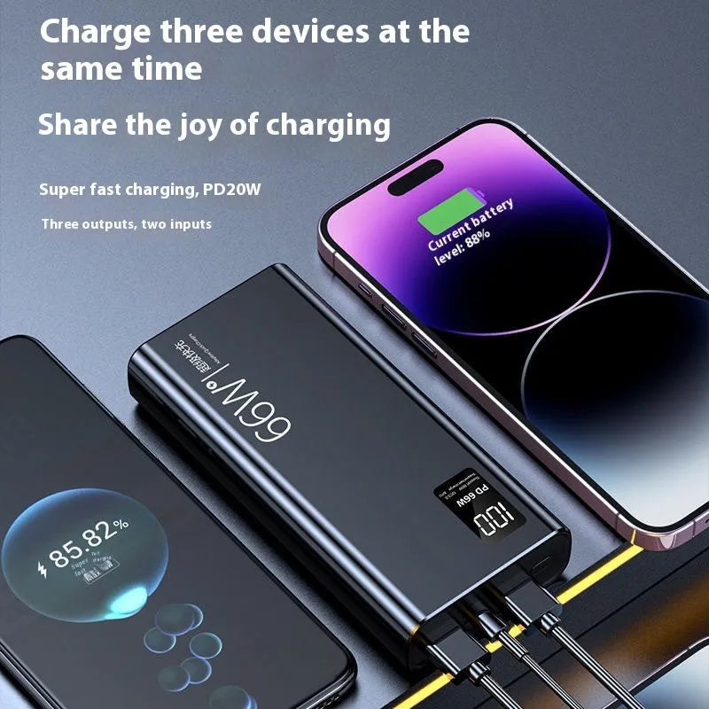 Black 50000 mAh 66W super fast charge power bank with plastic shell and USB Type-C cable on white background