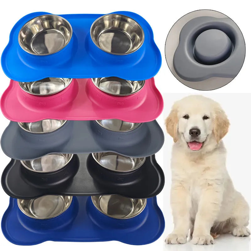 Large silicone pet bowl with stainless steel inserts in dual compartment design