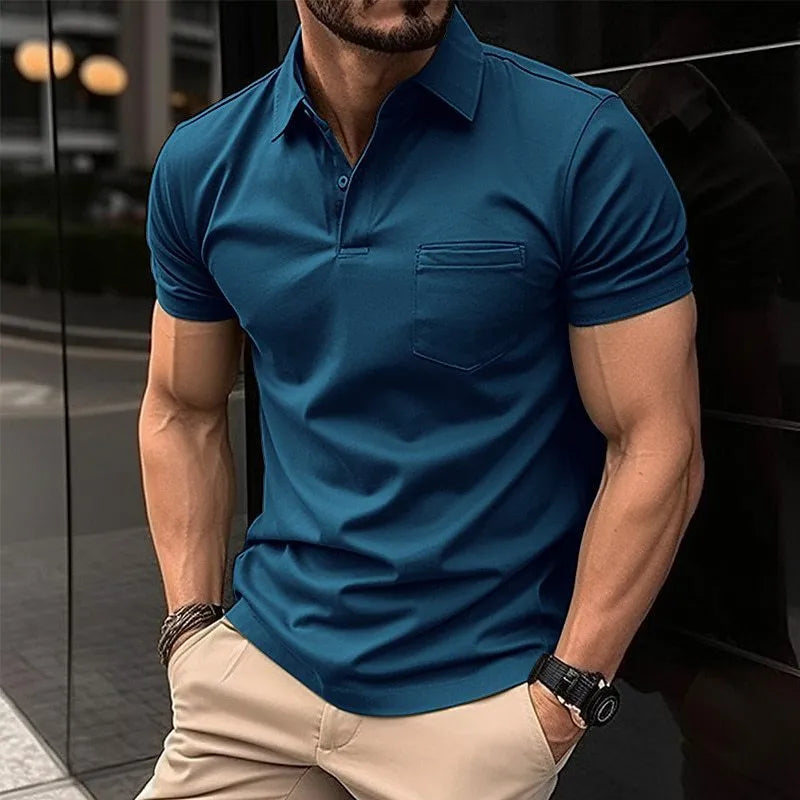 Men's summer polo shirt with chest pocket, loose fit, short sleeve, solid colour top in Army Green
