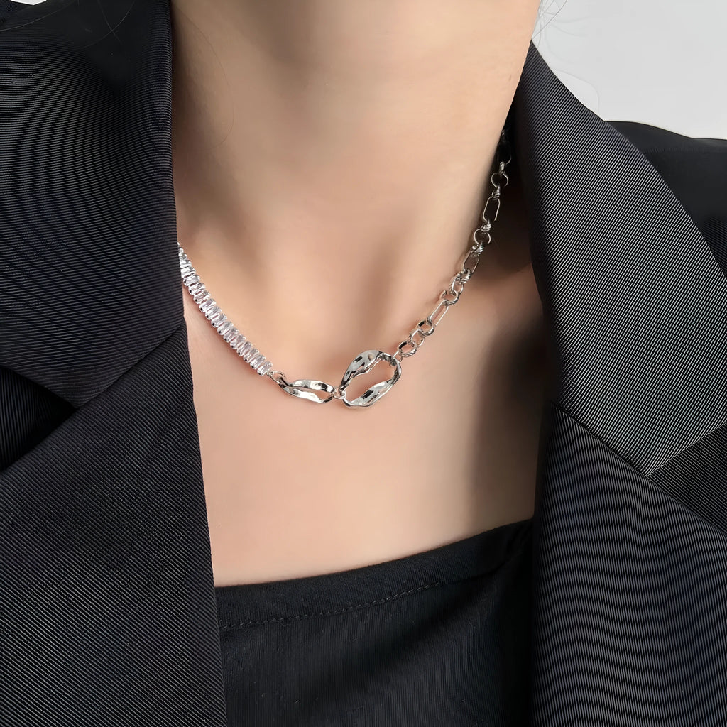 Women's irregular buckle alloy necklace with geometric quadrilateral pendant zircon stitching cold style light luxury