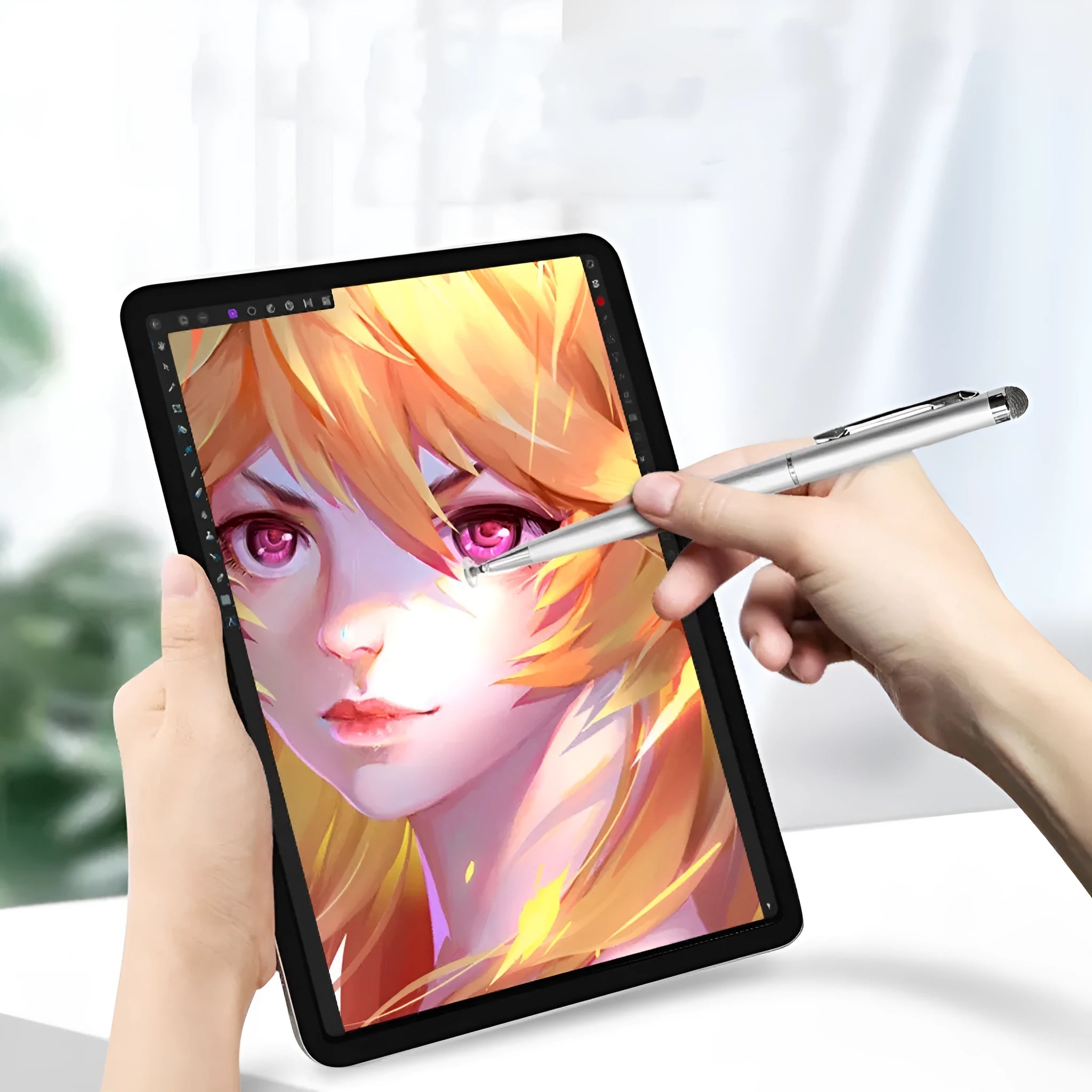 2-in-1 metal capacitive stylus with cloth and handwriting tips in black on white background
