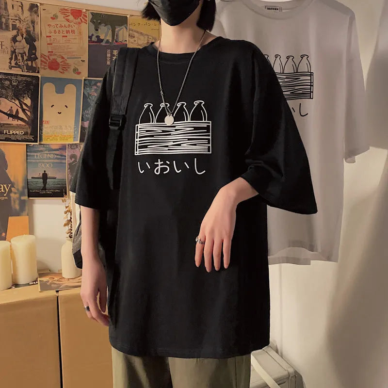 Printed Hong Kong style loose fit short sleeve t-shirt in black, front view