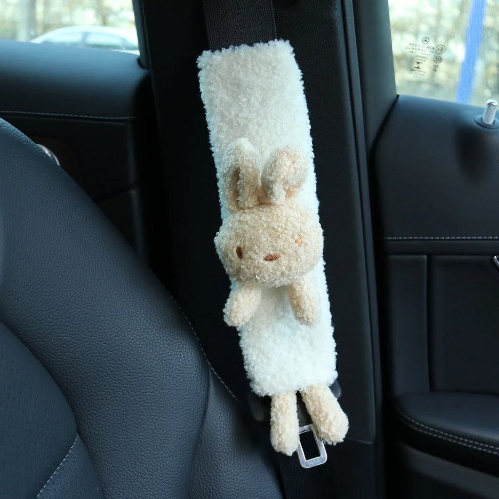 Cartoon plush car seatbelt shoulder protector in lamb wool with Bear and Rabbit designs.