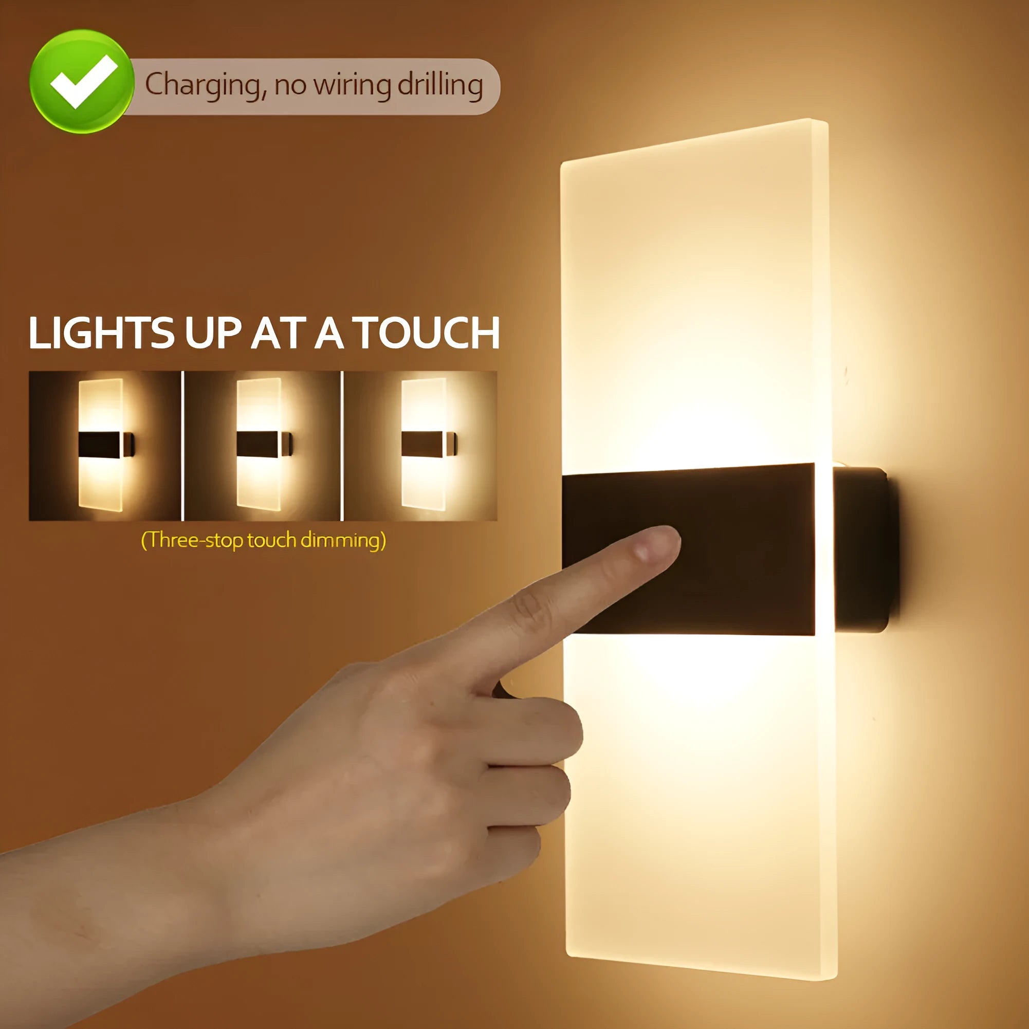 Rechargeable LED wall lamp with USB cable, 2000mAh battery, black right angle finish