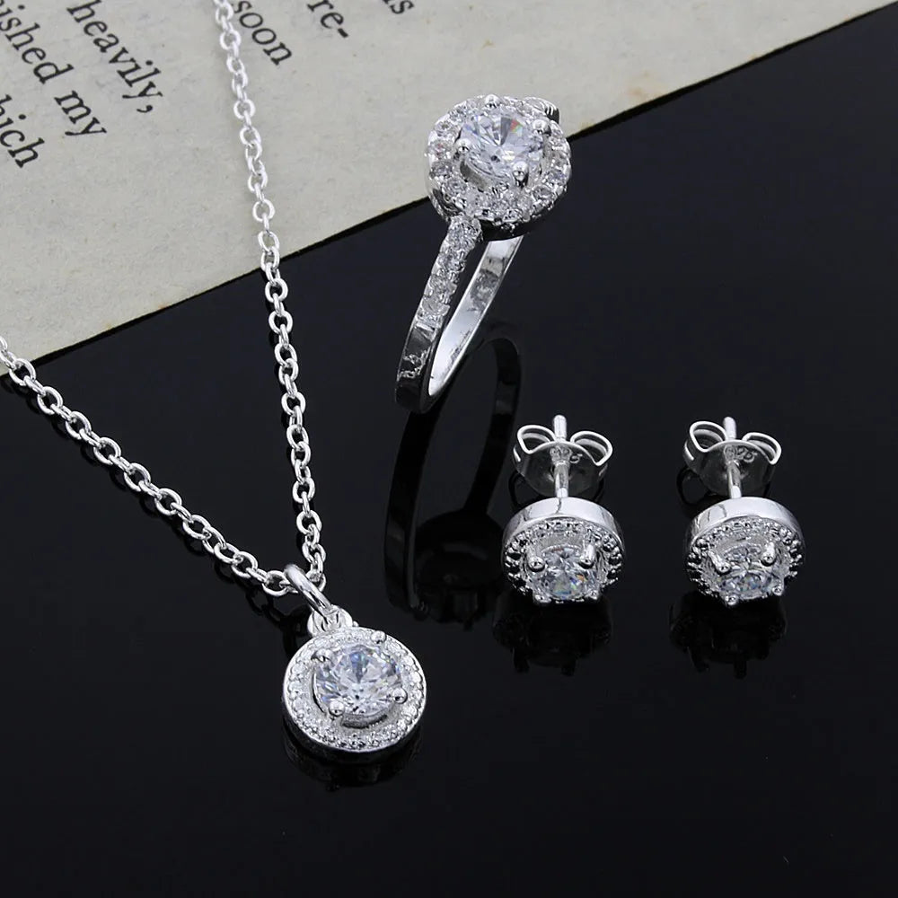 Silver-tone zircon jewellery suit with inlaid apple ring in code 8 and 18-inch necklace, 9g set