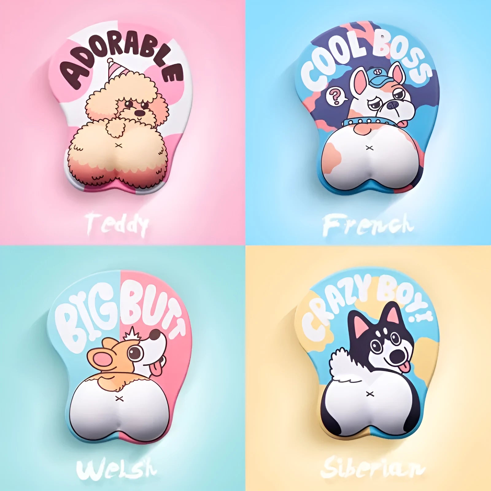 Blue corgi bottom 3D mouse pad with raised wrist cushion on a desk