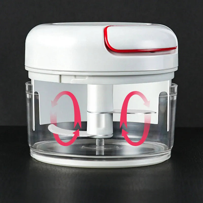 Manual food chopper with magnetic 304 stainless steel blade on plastic base, white colour