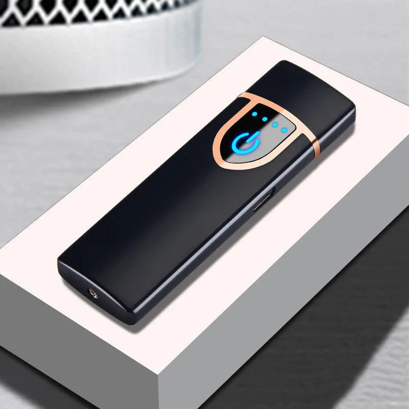 Creative fashion USB charging double arc lighter in zinc alloy, black colour, compact size 73x35x11mm