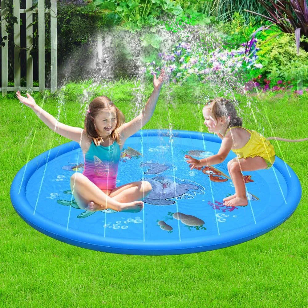 Blue PVC children's water spray play mat with marine animal designs measuring 100x170cm