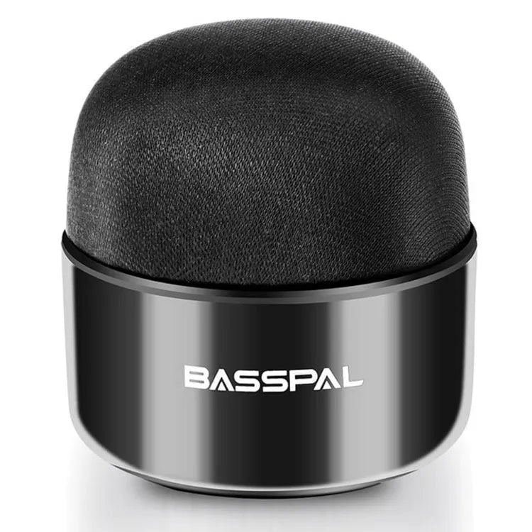 Black mini waterproof portable Bluetooth speaker with control buttons.