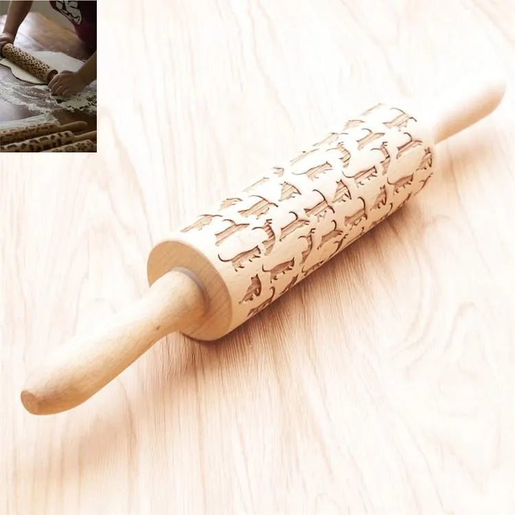 Wooden Christmas embossing rolling pin with snowflake and reindeer pattern, 45 x 5 x 5cm natural wood dough tool
