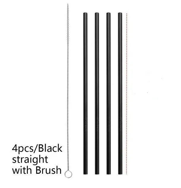 Set of four colourful reusable stainless steel straws in straight and bent styles with a cleaning brush.