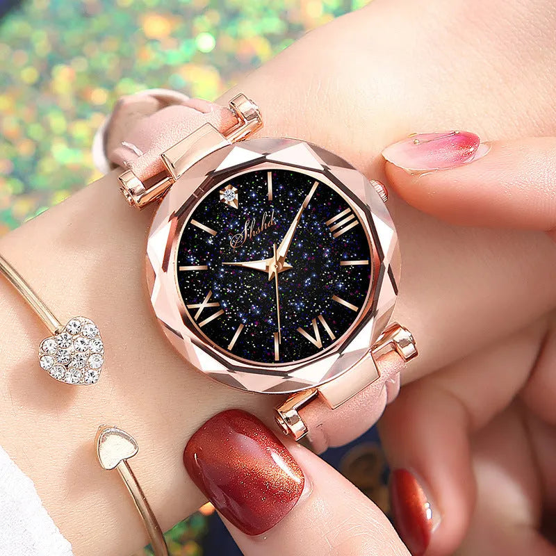 women's frost leather strap quartz wristwatch starry sky dial Roman numerals rhinestones round case
