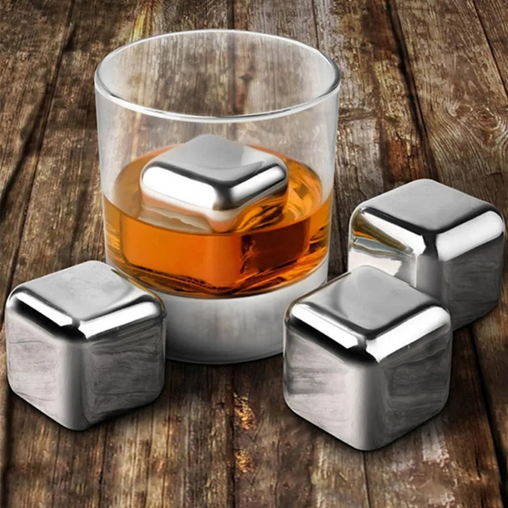 Set of 8 stainless steel whiskey chilling stones in various shapes with storage box and clip