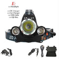 Aluminum alloy rechargeable LED headlamp with elastic headband, shown illuminating in dark setting.