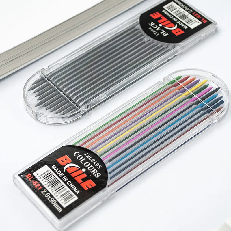 Automatic lead refills 2.0mm 90mm 12 pack black and multicolor
