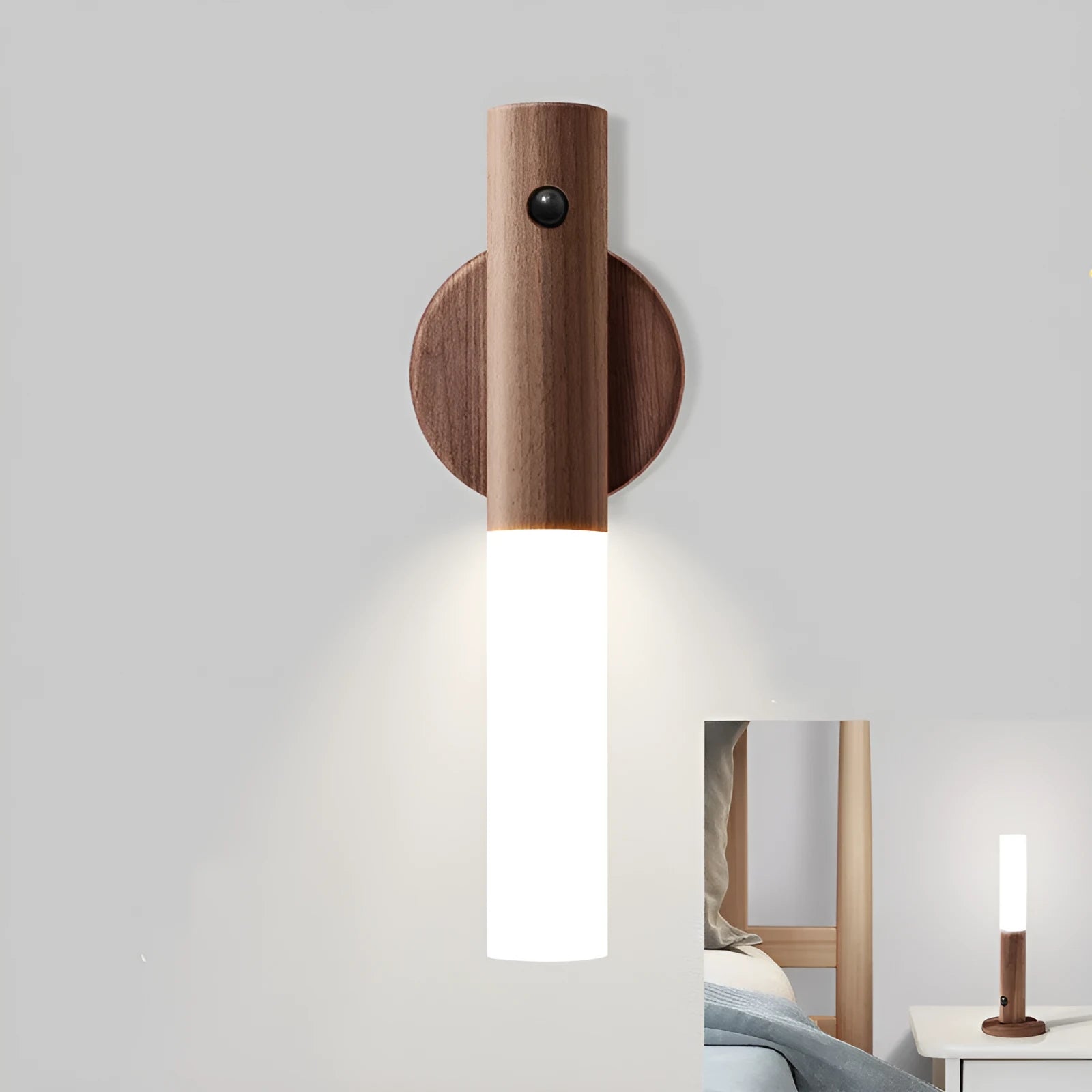 Smart sensor LED desk lamp in solid wood and glass on a wooden table