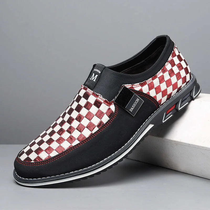 Large size men's business casual shoes with grid pattern, round toe, cloth upper, sizes 39-50, Black, Red, and White
