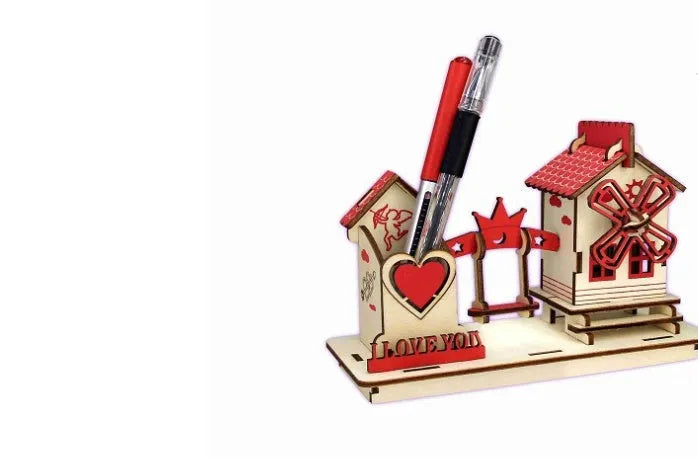 Creative DIY wooden pen holder model three-dimensional puzzle in red colour from SEA-LAND Quadruple Laser