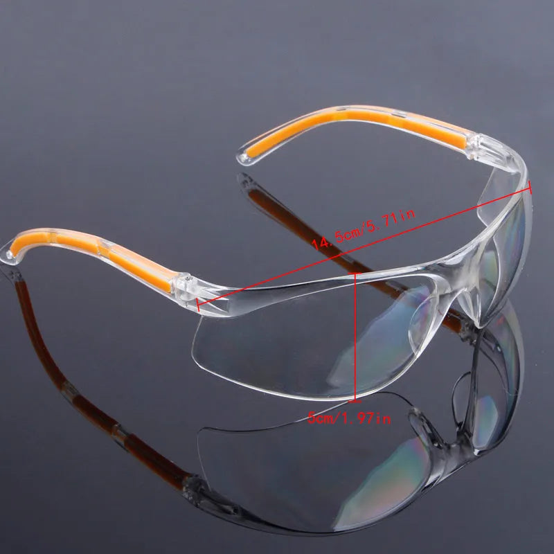 Transparent polycarbonate safety goggles with yellow frame for industrial and lab eye protection.