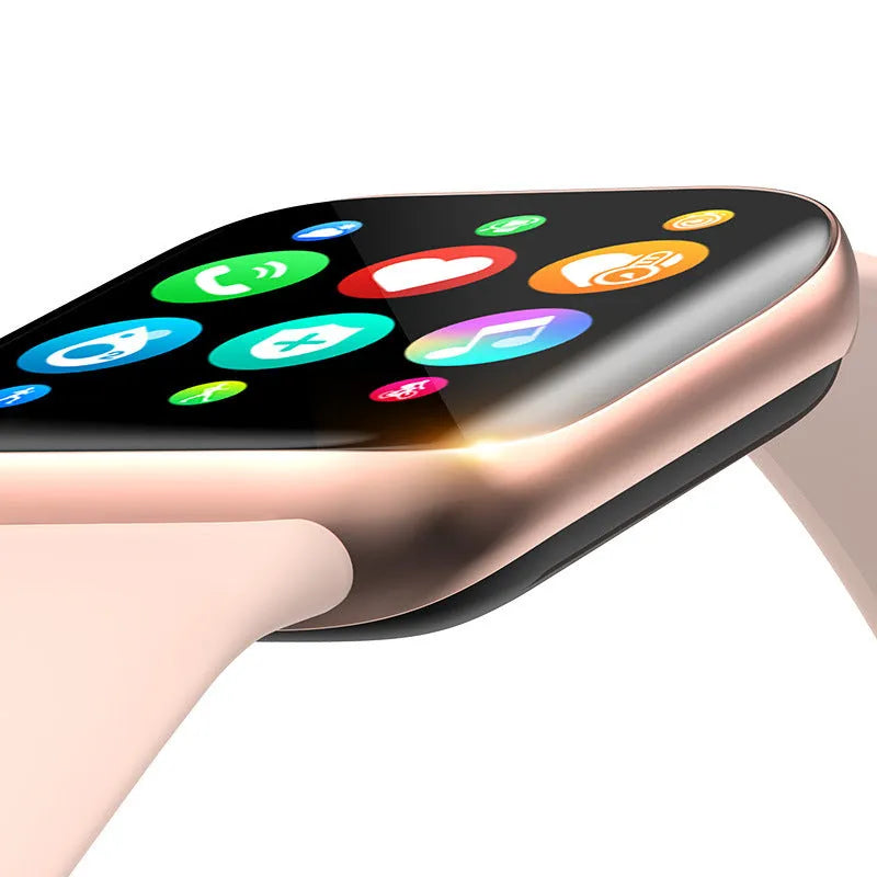 Smart fitness bracelet with touch screen on a silicone strap, showing Bluetooth call and blood pressure monitoring functions.